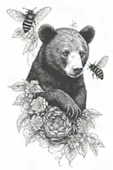black bear cub holding honey nest with bees tattoo design idea