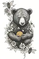 black bear cub holding honey nest with bees tattoo design idea