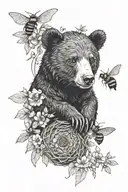 black bear cub holding honey nest with bees tattoo design idea