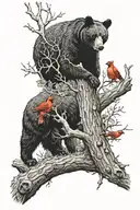 black bear with beehive in tree with cardinals, deer stag in background tattoo design idea