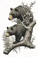 black bear with beehive in tree with cardinals, deer stag in background tattoo design idea