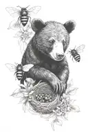 black bear cub holding honey nest with bees tattoo design idea