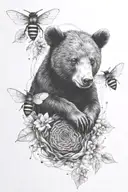 black bear cub holding honey nest with bees tattoo design idea