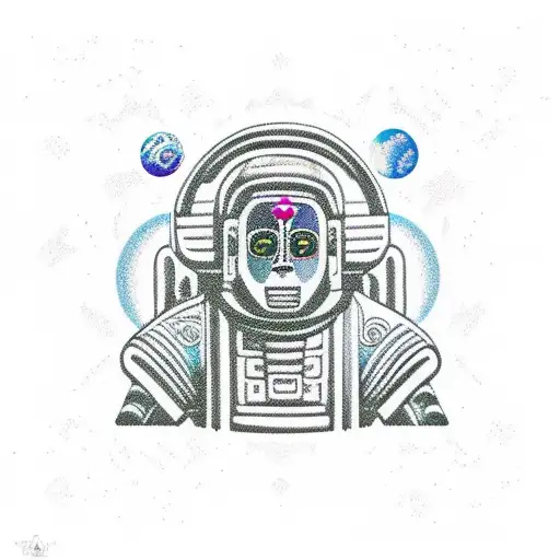 Mayan astronaut exploring a mystical temple tattoo design idea