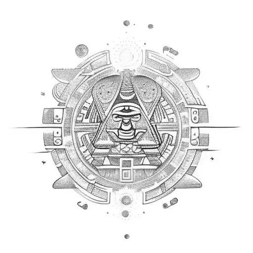 Traditional style tattoo of a Mayan calendar with a space-themed background tattoo design idea