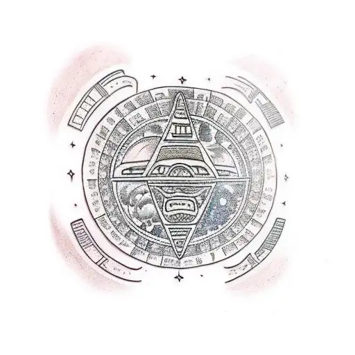 Traditional style tattoo of a Mayan calendar with a space-themed background tattoo design idea