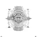 Traditional style tattoo of a Mayan calendar with a space-themed background tattoo design idea