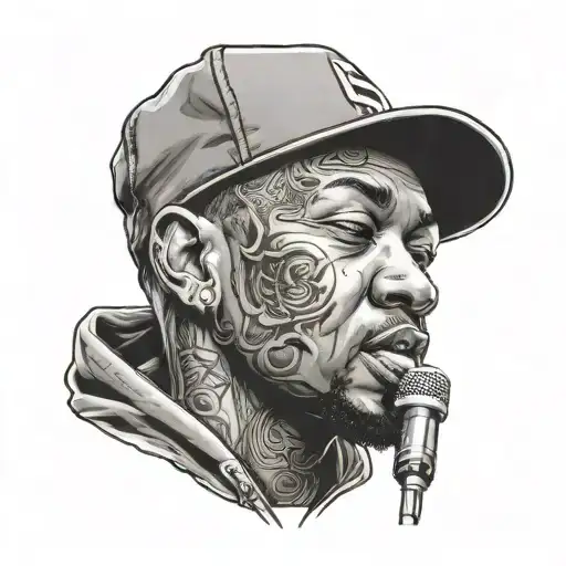 A detailed portrait of a famous rapper with a microphone in hand tattoo design idea