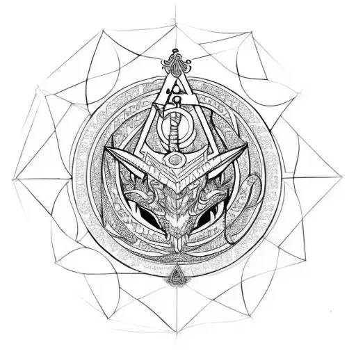 a dragon that incorporates free Masonic symbols and sacred geometry tattoo design idea