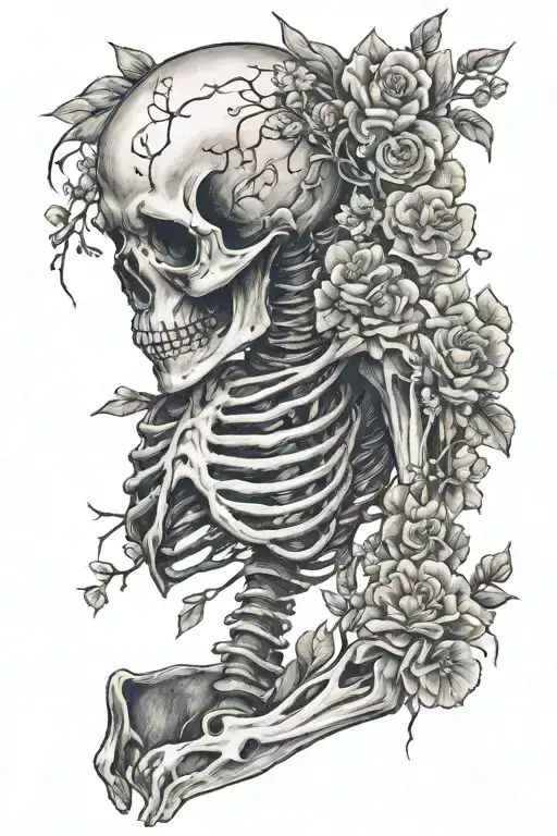 lonely skeleton with small flowers growing out of  its back tattoo design idea