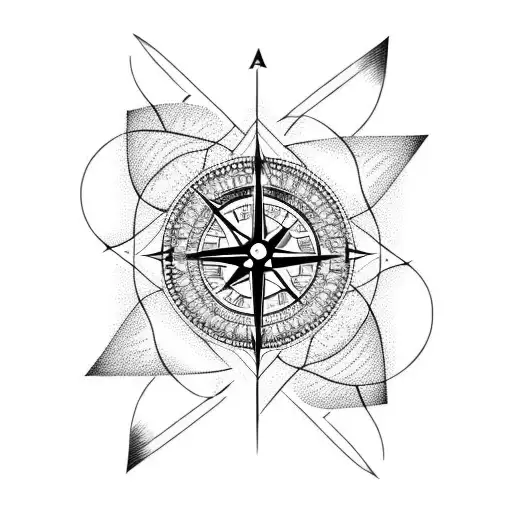 compass with arrow and abstract plant vines tattoo design idea