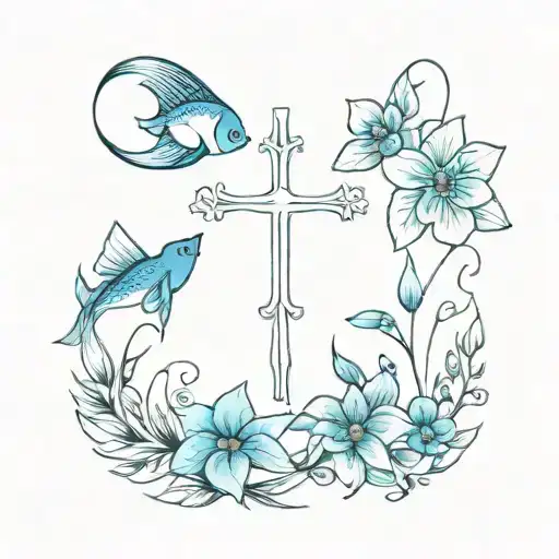 cross with blue flowers and fish tattoo design idea