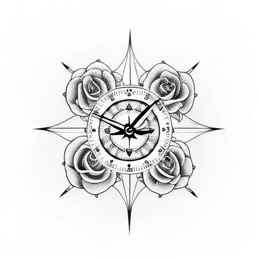 sleeve Clock with Rose, Peony and Dahlia flowers with a compass on forearm tattoo design idea