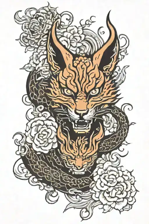 KITSUNE DEMON AND ONI MASK WITH FLOWERS FIRE AND LIGHTING tattoo design idea