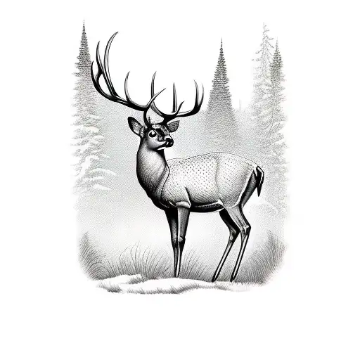 A majestic deer with antlers made of golf clubs, standing in front of a scenic Michigan landscape tattoo design idea