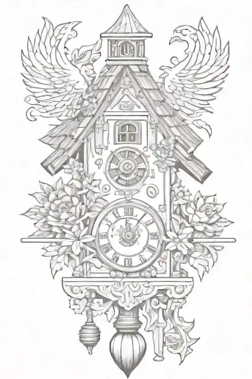 cuckoo clock German with edelweiss surrounding and chimney roof tattoo design idea