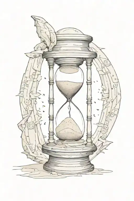 The outer part of the hourglass will be a wooden drawing, some parts will be cracked, and there will be a silhouette falling from the sand inside the hourglass. tattoo design idea