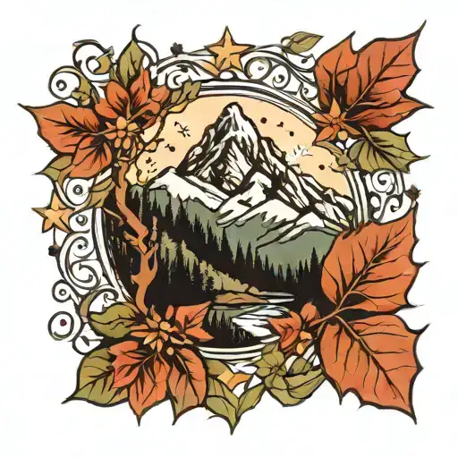 mountain 3 peak stars, round, ivy vines tattoo design idea