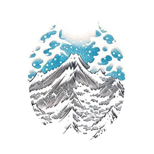 A majestic snow-capped mountain range with a hidden snowboarder carving through the slopes tattoo design idea