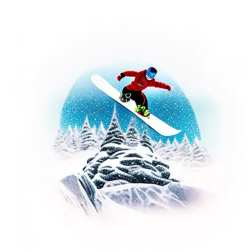 A mesmerizing fusion of a snowboarder jumping off a mountain peak into a serene beach sunset tattoo design idea