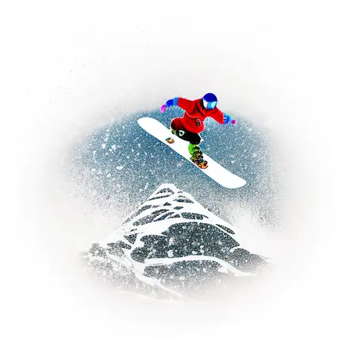 A mesmerizing fusion of a snowboarder jumping off a mountain peak into a serene beach sunset tattoo design idea
