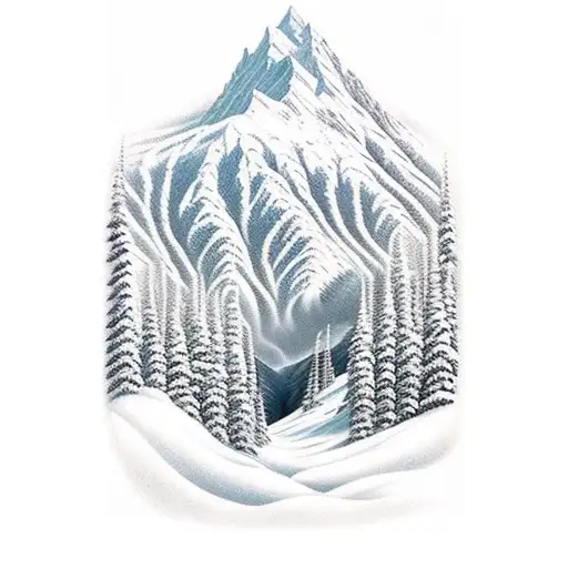 A majestic snow-capped mountain range with a hidden snowboarder carving through the slopes tattoo design idea