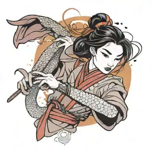  image of Mulan in graphic style against a background of colored Mushu tattoo design idea