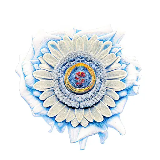 rose, marigold, chrysanthemum, Zia symbol, gears, nuclear weapon tattoo design idea