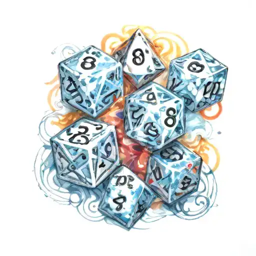 poly hedral dice with small universes inside surrounded by swirling light and colour  tattoo design idea