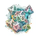 poly hedral dice with small universes inside surrounded by swirling light and colour  tattoo design idea