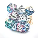 poly hedral dice with small universes inside surrounded by swirling light and colour  tattoo design idea