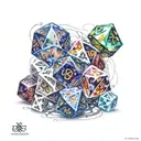 poly hedral dice with small universes inside surrounded by swirling light and colour  tattoo design idea