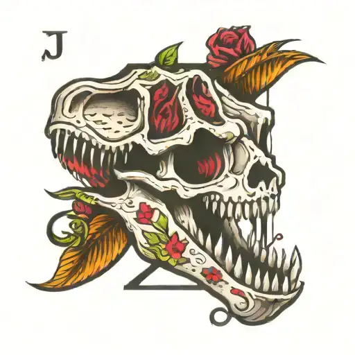 letter j & t rex skull tattoo design idea