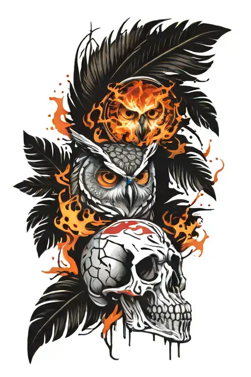 A tattoo of a detailed campfire surrounded by owl feathers and skulls to represent your passion for camping and your existing tattoos tattoo design idea