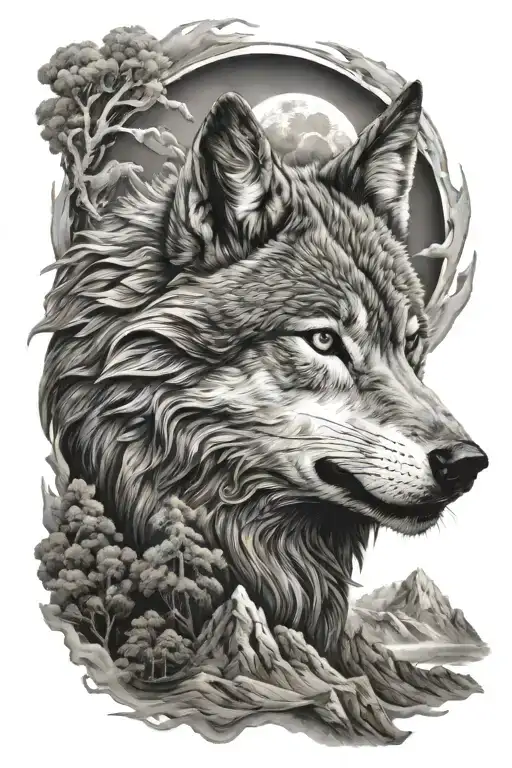 Wolf in the mountains rising Phoenix tattoo design idea