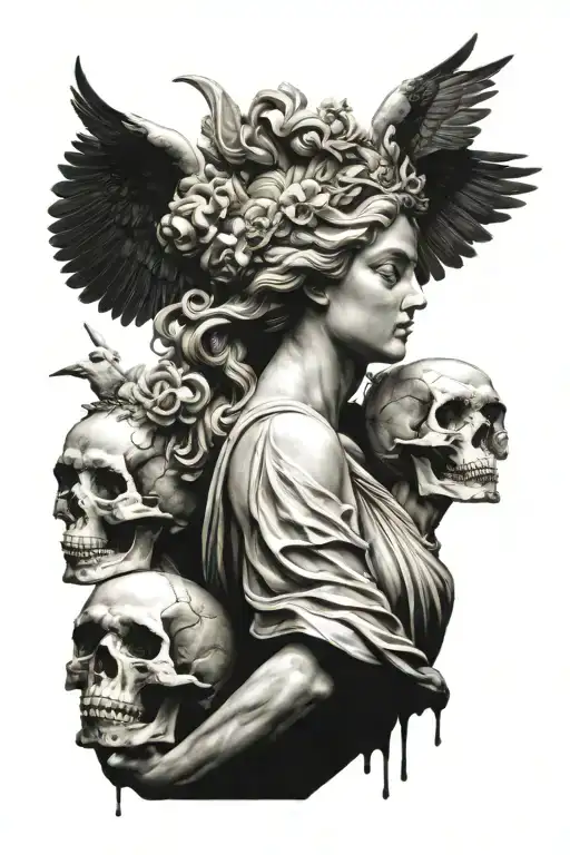 A greek goddess statue like aphrodite with some dark realism elements like skull or raven tattoo design idea