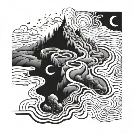 A surreal landscape with multiple winding roads intertwining and leading to different destinations tattoo design idea