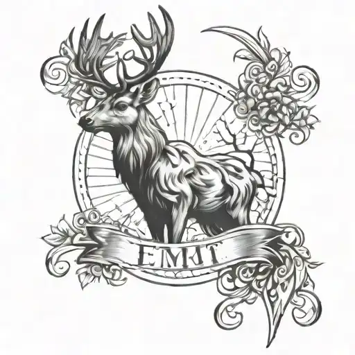 An EMT symbol intertwined with a majestic deer in black-grey shading tattoo design idea