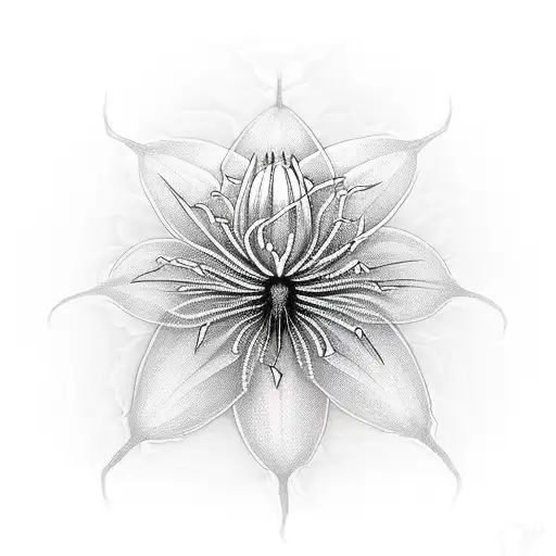 japanese spider lilly flower with a spider hangong from its web tattoo design idea