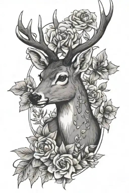 Deer and flowers tattoo design idea