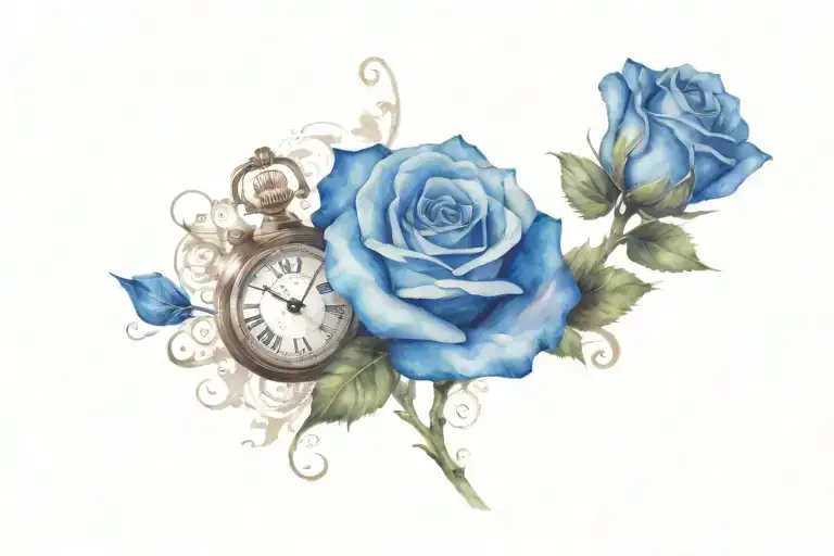 Blue rose and a clock together with my son zacc in it as a memorial tattoo design idea