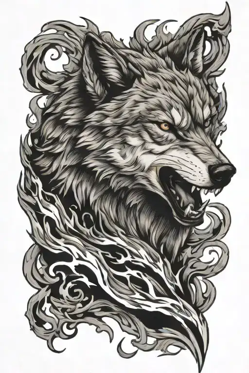 growling wolf emerging from flames left forearm tattoo design idea