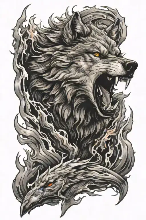 growling wolf emerging from flames left forearm tattoo design idea