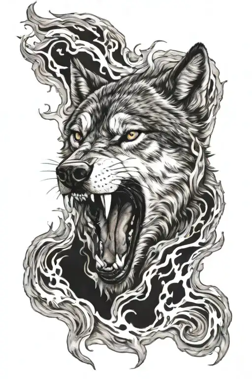 growling wolf emerging from flames left forearm tattoo design idea