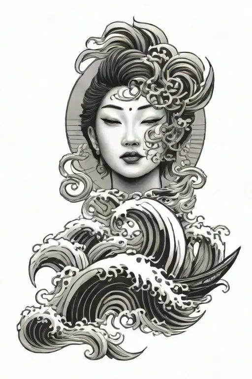 Japanese waves under a sun with a face, and a boat tattoo design idea