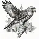A realistic hawk perched on top of a Tokyo skyline, symbolizing freedom and adventure tattoo design idea