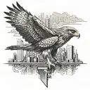 A realistic hawk perched on top of a Tokyo skyline, symbolizing freedom and adventure tattoo design idea