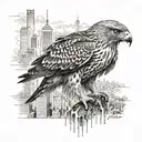 A realistic hawk perched on top of a Tokyo skyline, symbolizing freedom and adventure tattoo design idea