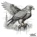 A realistic hawk perched on top of a Tokyo skyline, symbolizing freedom and adventure tattoo design idea