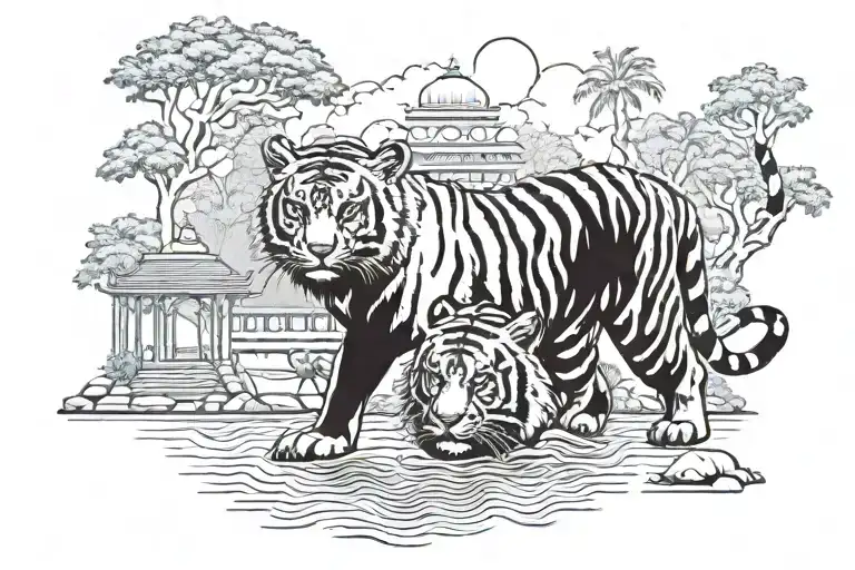 Adult tiger drinking from the ganges river with temples and jungle in the background tattoo design idea